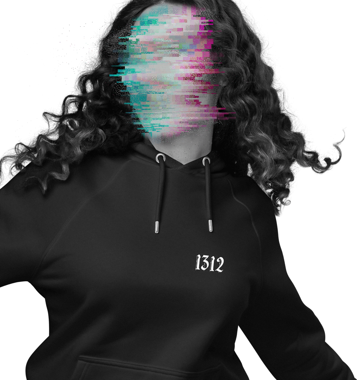 Woman wearing a hoodie that is saying '1312' in white 
          letters on the left breast, which stands for 'all cops are bastards', her face is made indecipherable with colourful glitches