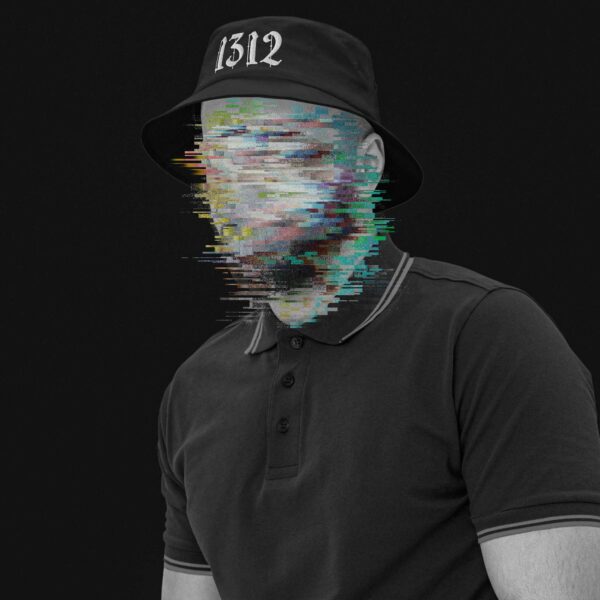 Portrait of a man wearing a black fisherman's hat with a large blackletter embroidery in white yarn on it's upper front, saying '1312', which stands for 'ACAB' or 'All cops are bastards', his face is anonymised with colourful glitches