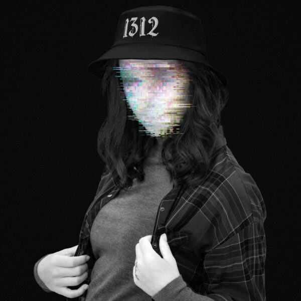 Portrait of a woman wearing a black bucket hat with a large white embroidery on it's upper front, saying '1312', which stands for 'ACAB' or 'All cops are bastards', her face is anonymised with colourful glitches