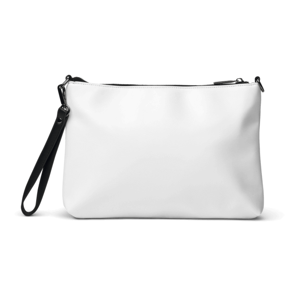 Backside of a white faux-leather purse with dark grey hardware