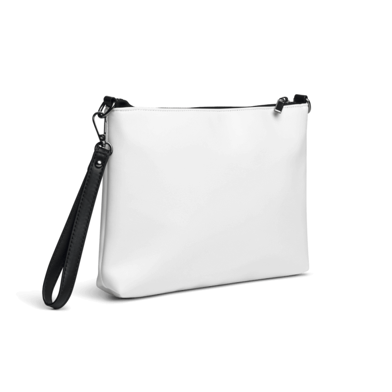 Backside of a white faux-leather crossbody bag with dark grey hardware, turned 45 degrees anti-clockwise