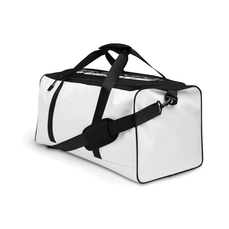 Black and white weekender bag in sideview, rotated 45 degrees clockwise, with a smiley and the words 'be cool do crime' printed on it's top in white capital letters, the print is barely visible due to the perspective, black hardware