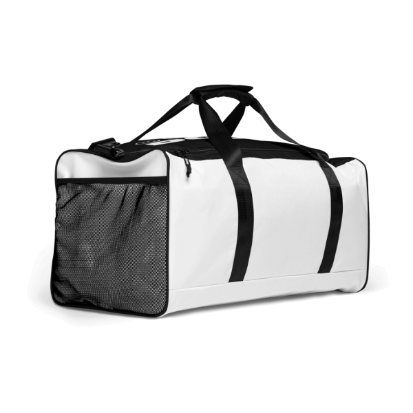 Black and white weekender bag in worm's eye sideview, rotated 45 degrees counter-clockwise, with a smiley and the words 'be cool do crime' printed on it's top in white capital letters, the print is barely visible due to the perspective, black hardware