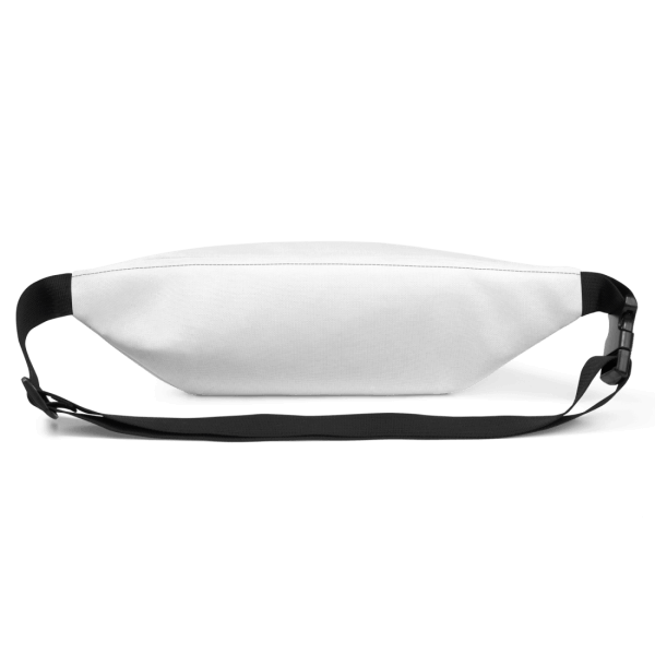 White backside of a belt bag with black, adjustable strap and hardware