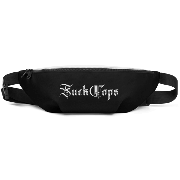 Black front of a black and white belt bag, that has the words 'Fuck Cops' printed on it in white letters