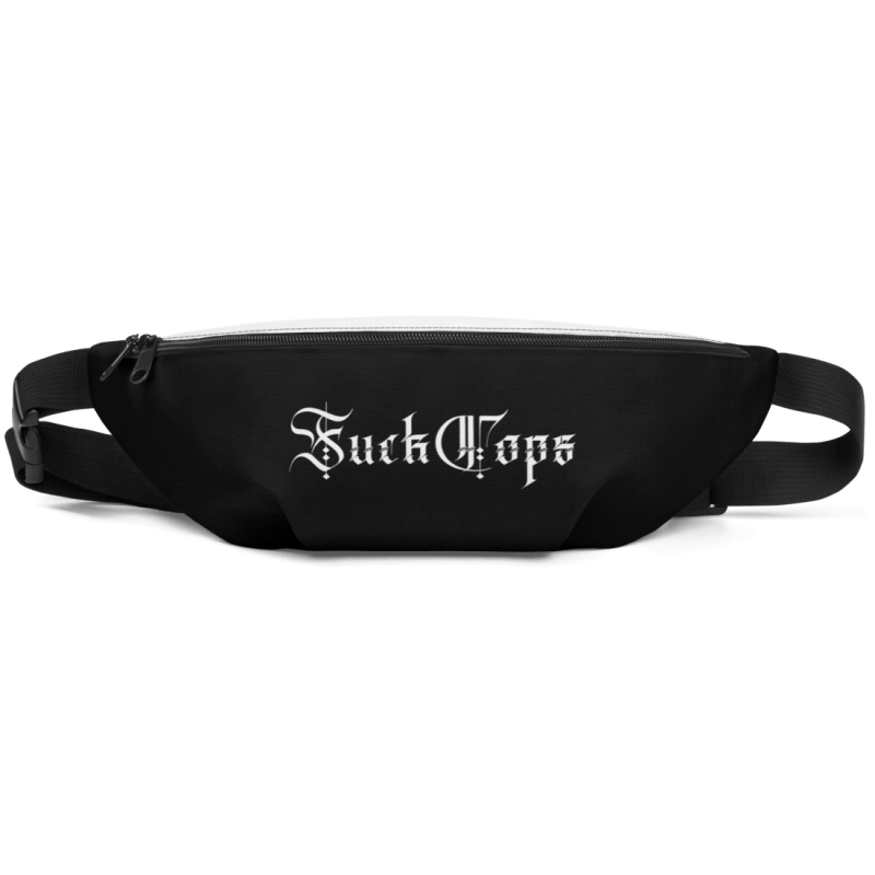 Black front of a black and white belt bag, that has the words 'Fuck Cops' printed on it in white letters