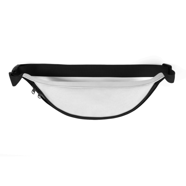 White top of a belt bag with black, adjustable strap and hardware