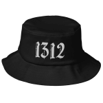 Black bucket hat with a large blackletter embroidery in white yarn, saying '1312', which stands for 'ACAB' or 'All cops are bastards'