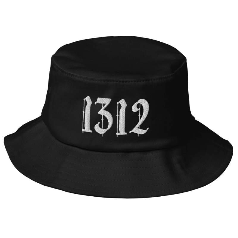 Black bucket hat with a large blackletter embroidery in white yarn, saying '1312', which stands for 'ACAB' or 'All cops are bastards'