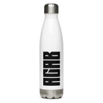 White bottle with a black 'ACAB' print on it, which stands for 'All Cops Are Bastards', with brushed steel lid and bottom