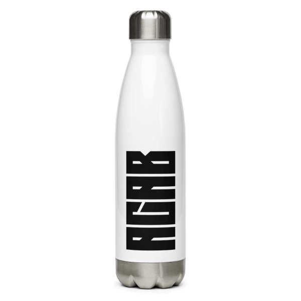 White bottle with a black 'ACAB' print on it, which stands for 'All Cops Are Bastards', with brushed steel lid and bottom