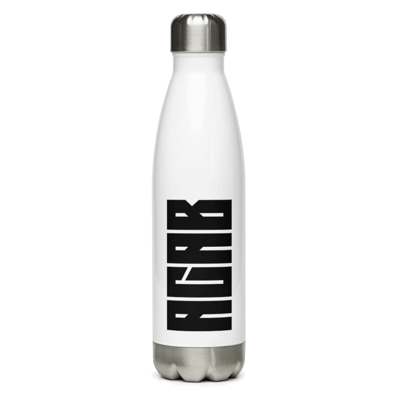 White bottle with a black 'ACAB' print on it, which stands for 'All Cops Are Bastards', with brushed steel lid and bottom