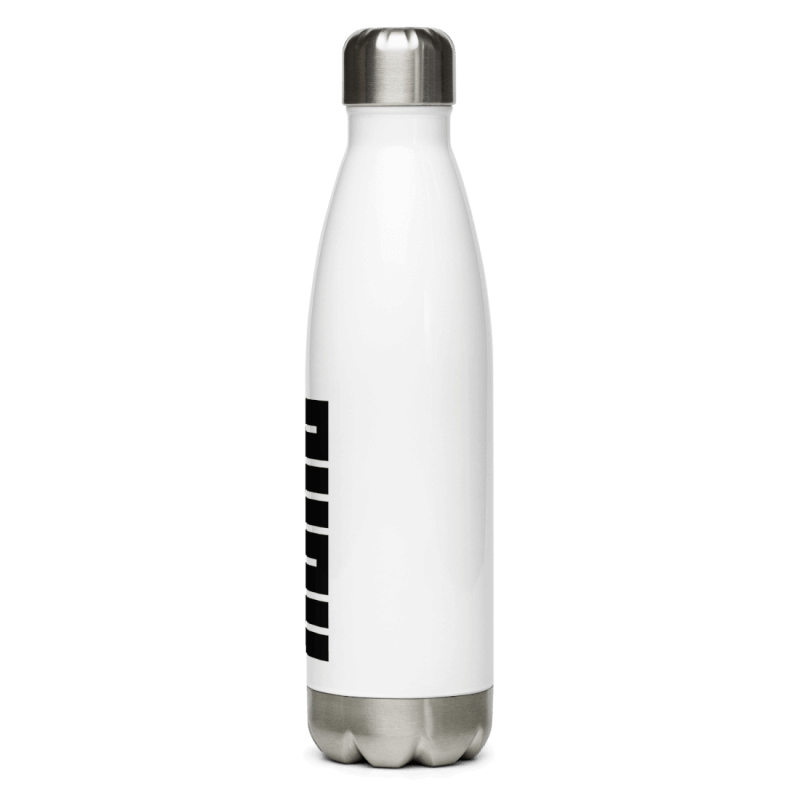 Side view of a white bottle with a black 'ACAB' print on it, which stands for 'All Cops Are Bastards', with brushed steel lid and bottom, letters are barely visible sind the bottle is turned 90 degree clockwise