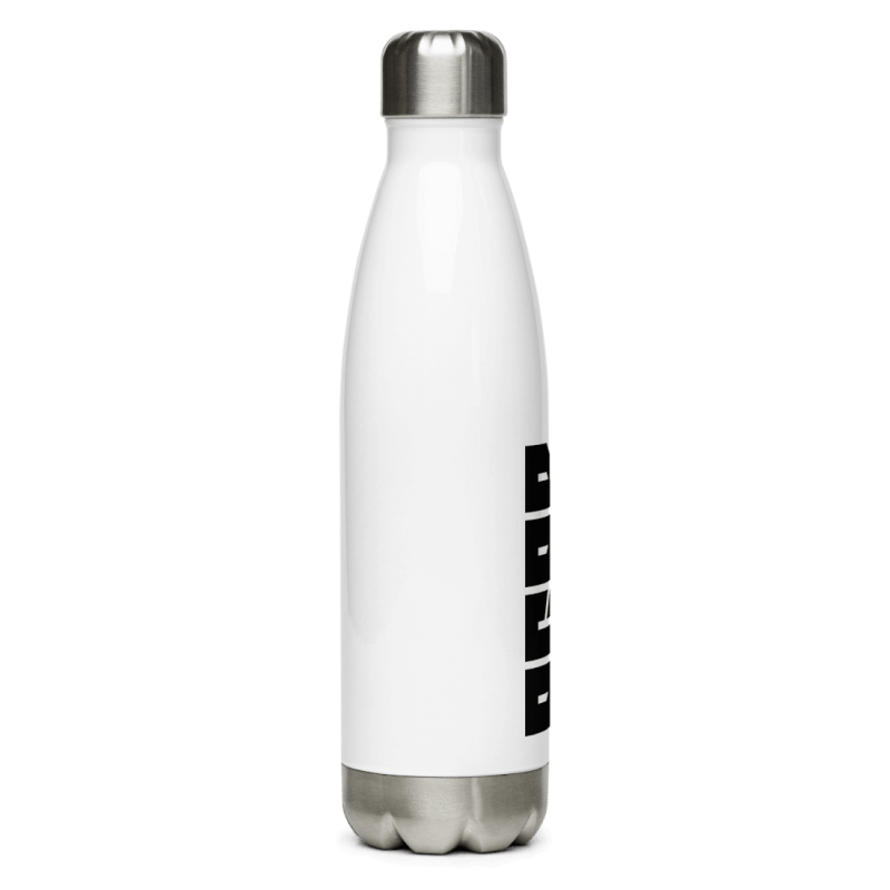 Side view of a white bottle with a black 'ACAB' print on it, which stands for 'All Cops Are Bastards', with brushed steel lid and bottom, letters are barely visible sind the bottle is turned 90 degree anti-clockwise