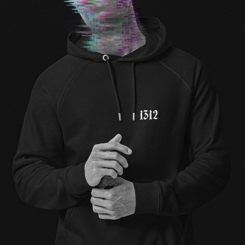 man wearing a hoodie that is saying '1312' in white letters on the left breast, which stands for 'all cops are bastards', his face is made indecipherable with colourful glitches