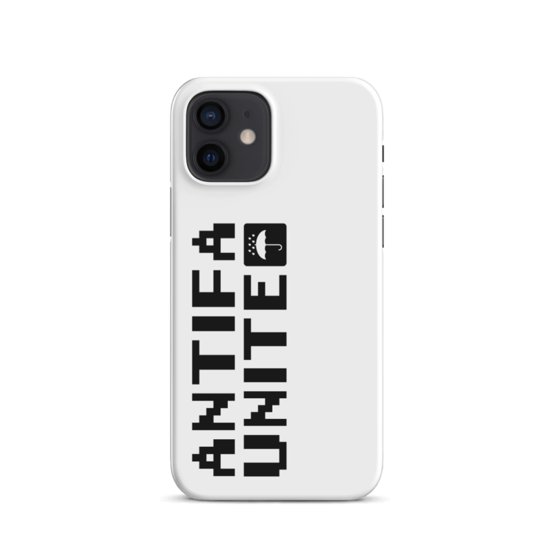 Back of an iPhone 12 Pro with a white phone case, that has the letters 'antifa unite' printed on it, turned 90 degrees anti-clockwise, with a little icon showing an umbrella under water droplets, white on black square with rounded corners