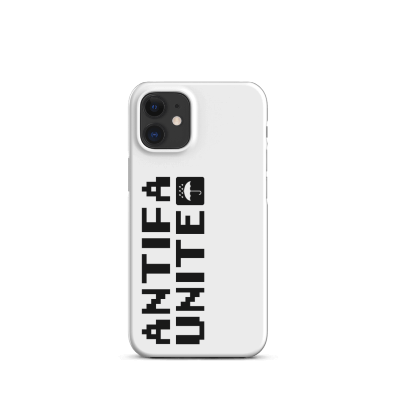 Back of an iPhone 12 Mini with a white phone case, that has the letters 'antifa unite' printed on it, turned 90 degrees anti-clockwise, with a little icon showing an umbrella under water droplets, white on black square with rounded corners