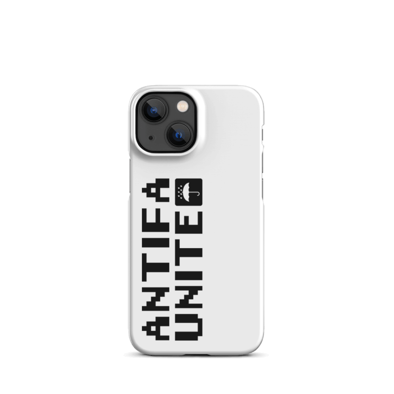 Back of an iPhone 13 Mini with a white phone case, that has the letters 'antifa unite' printed on it, turned 90 degrees anti-clockwise, with a little icon showing an umbrella under water droplets, white on black square with rounded corners