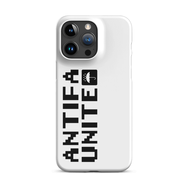 Back of an iPhone 15 Pro with a white phone case, that has the letters 'antifa unite' printed on it, turned 90 degrees anti-clockwise, with a little icon showing an umbrella under water droplets, white on black square with rounded corners