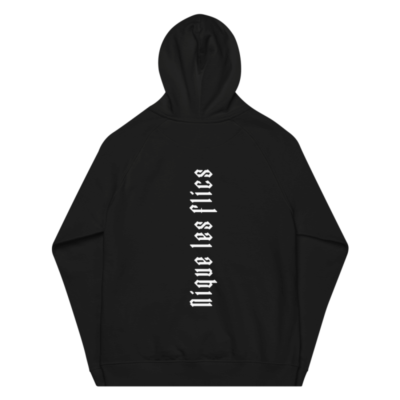 Back of a black hoodie, that has the letters 'Nique les flics' printed on, in white letters turned 90 degrees anticlockwise, which means 'fuck the cops' in english