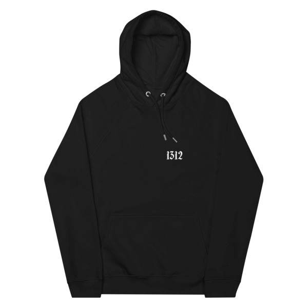 Black hoodie that has the white digits '1312' printed on the left breast, standing for 'all cops are bastards'