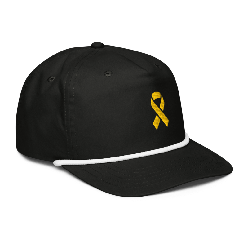 Sideview of a cap with a yellow awareness ribbon, that stand's for solidarity with Israeli hostages