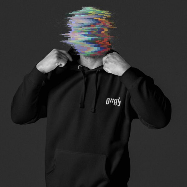 Man wearing a black hoodie with the Hebrew phrase 'L'Chaim' embroidered on it's left chest, his face is made unrecognisable through colourful glitches